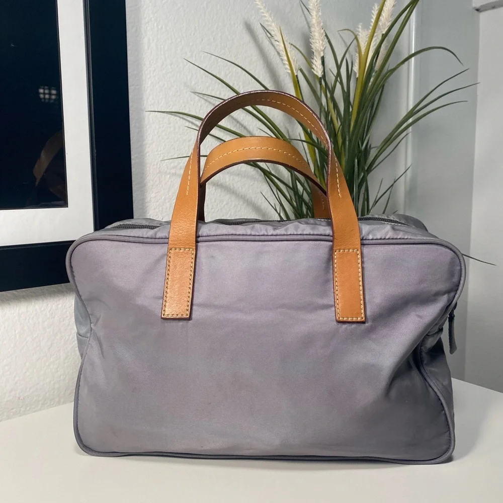 Prada Gray Nylon Satchel with Tan Leather Handles